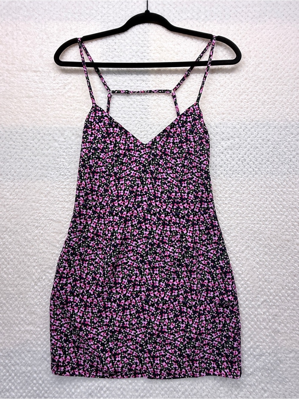 SKY TO MOON Floral Spaghetti Strap Mini Dress Black w/ Pink&Purple Floral Print